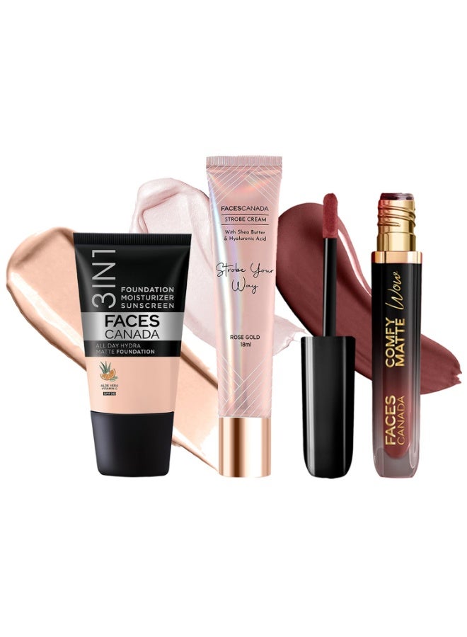 FACESCANADA Celeb Glow Combo | Strobe Cream - Rose Gold, 18ml + Hydra Matte Foundation - Rose Ivory, 18ml + Comfy Matte Wow - Cocoa Crush, 3.8ml | Highlighter | Highly Pigmented | Pack of 3 - Image 1